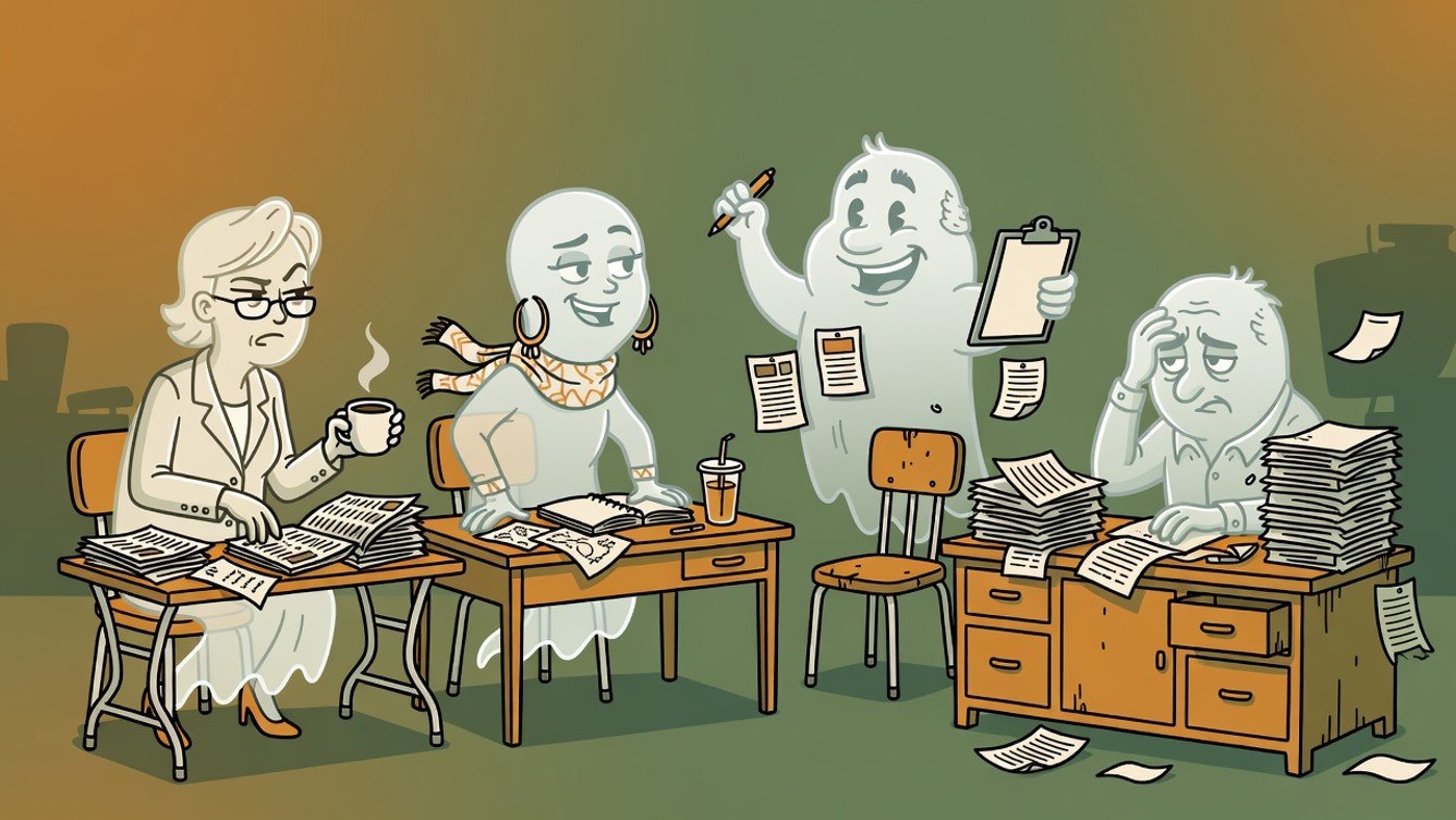 Editorial cartoon of four fictional ghost desk mascots at RGV Local News