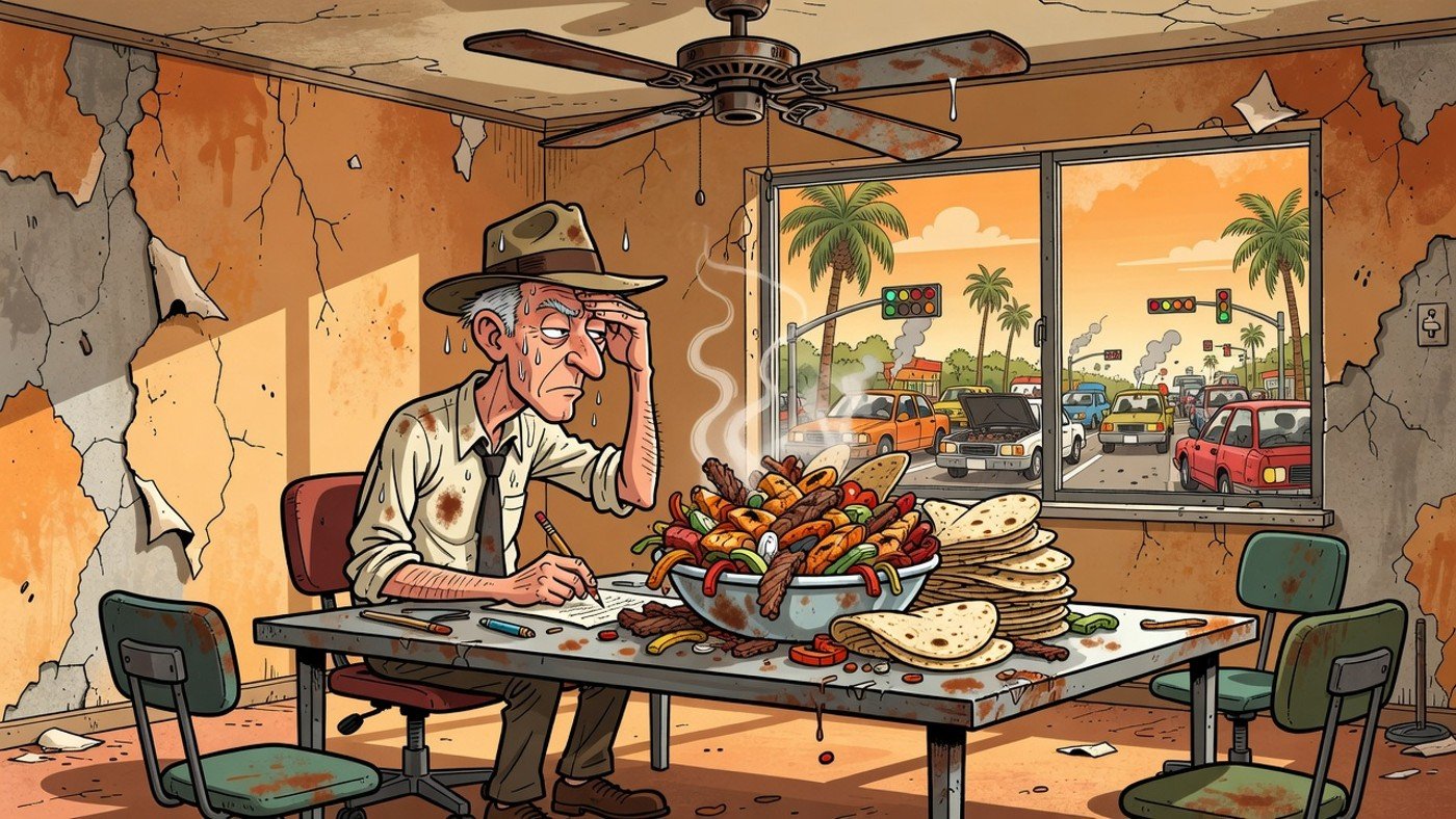 Editorial cartoon of a fake sunbaked RGV satire newsroom