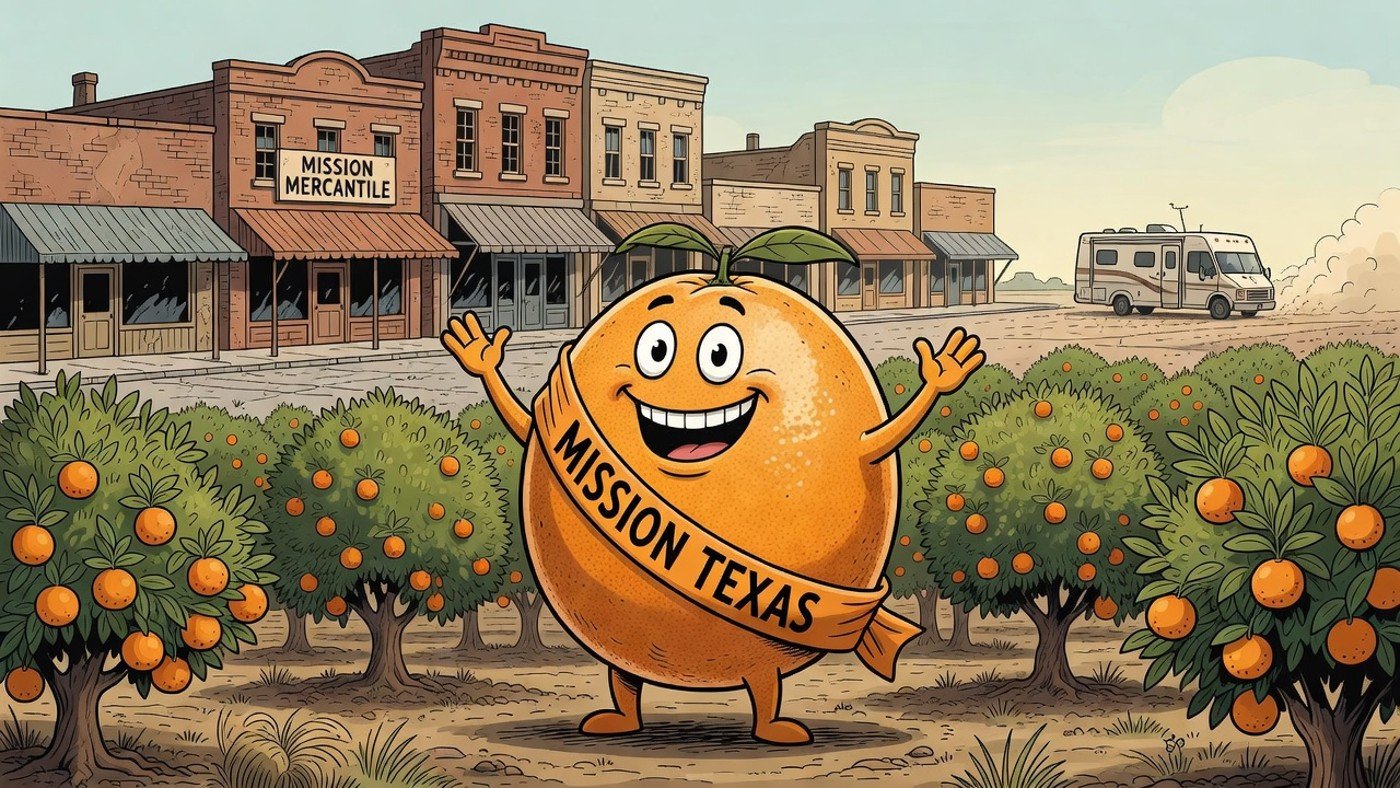 Editorial cartoon satire scene for Mission, Texas