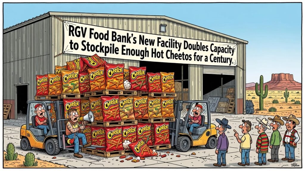 Editorial cartoon: RGV Food Bank’s New Facility Doubles Capacity to Stockpile Enough Hot Cheetos for a Century