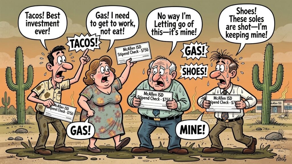 Editorial cartoon: McAllen ISD $750 stipend staff debating spending — RGV Local News satire