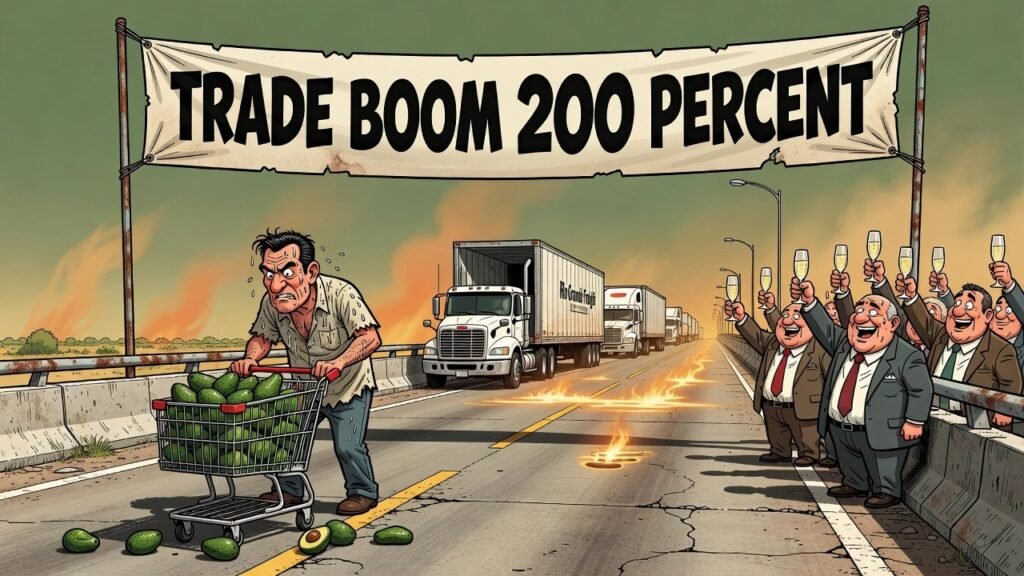 Editorial cartoon: Hidalgo Bridge trade boom single man buying avocados — RGV Local News satire