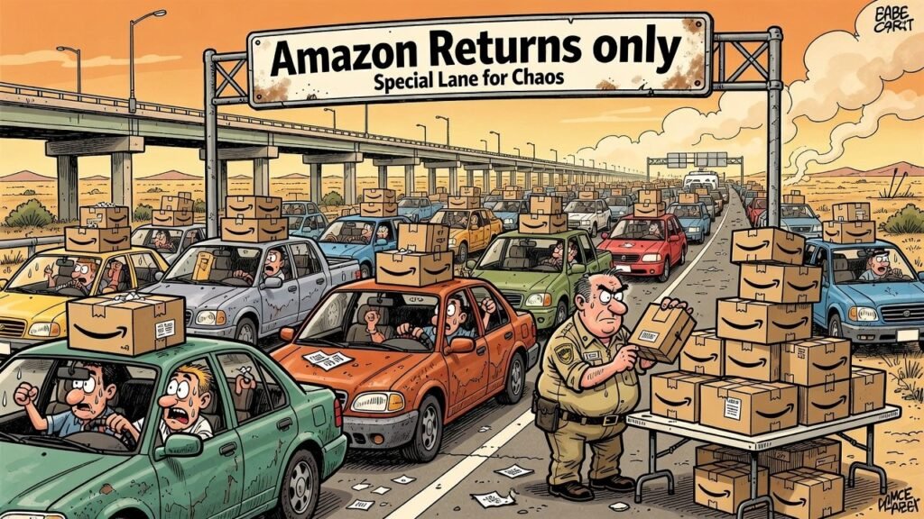Editorial cartoon: Pharr Bridge lanes for Amazon package returns — RGV Local News satire