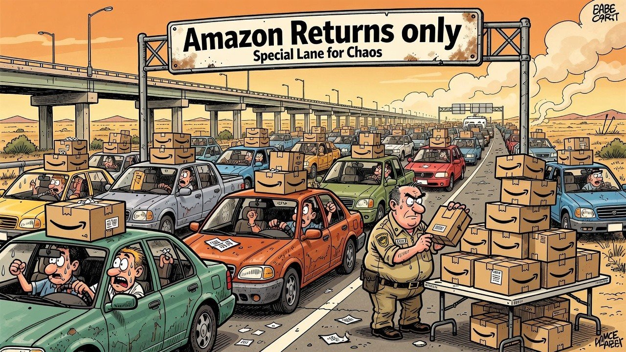 Editorial cartoon: Pharr Bridge lanes for Amazon package returns — RGV Local News satire
