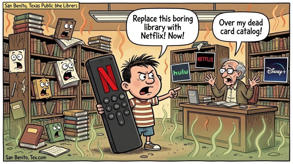 Editorial cartoon: San Benito kid wants library replaced with Netflix — RGV Local News satire