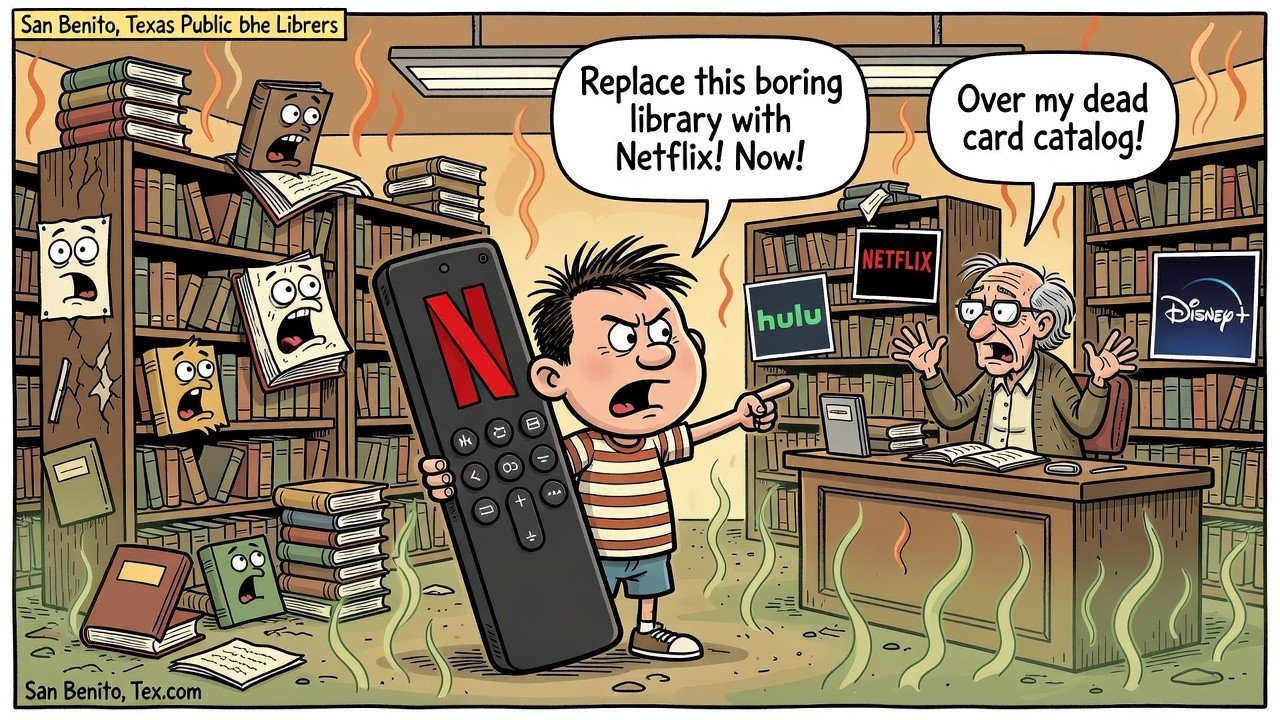 Editorial cartoon: San Benito kid wants library replaced with Netflix — RGV Local News satire