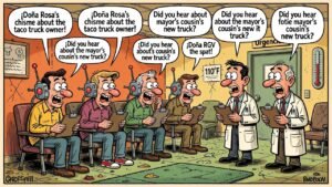 Editorial cartoon: Driscoll Health cochlear implants stream gossip — RGV Local News satire
