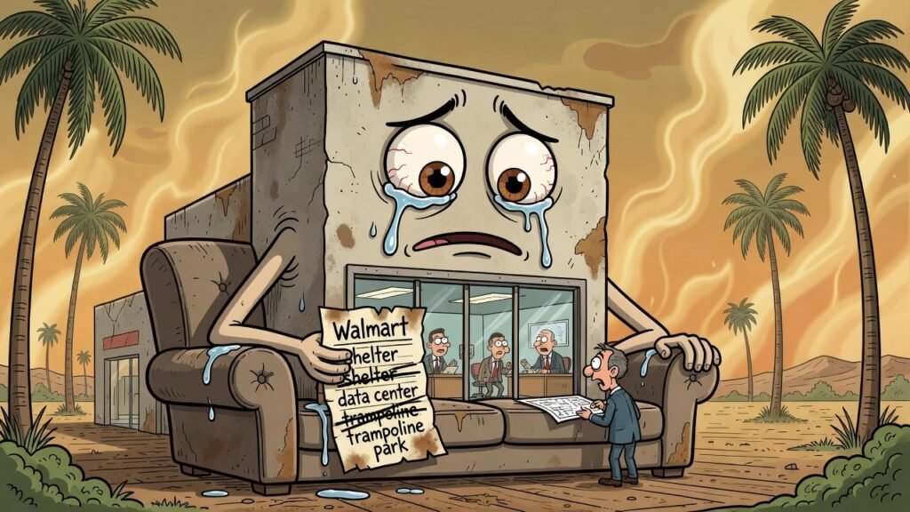 Editorial cartoon: Brownsville Walmart Building Files For Emotional Damages After Fifth Career Change Falls Through