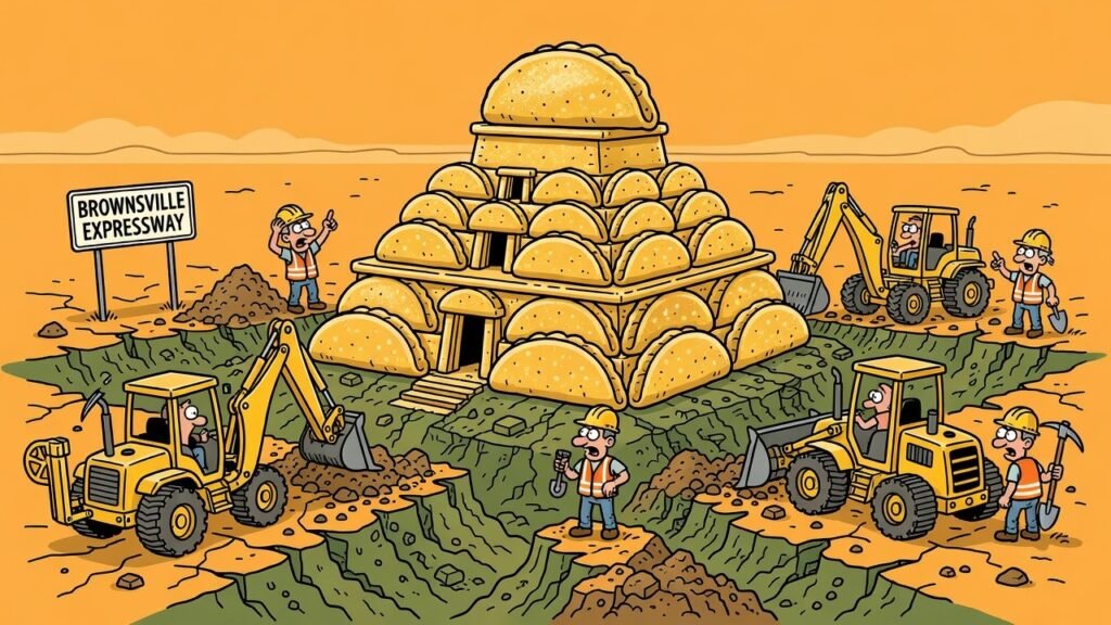 Editorial cartoon of Brownsville expressway dig uncovering a golden chalupa temple