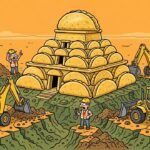 Editorial cartoon of Brownsville expressway dig uncovering a golden chalupa temple