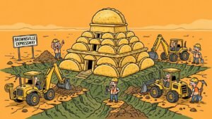 Editorial cartoon of Brownsville expressway dig uncovering a golden chalupa temple