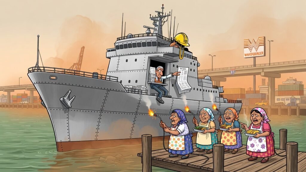 Editorial cartoon: Crewless AI Ships at Port Alpha Still Require 10,000 Abuelas for Lunch Shift