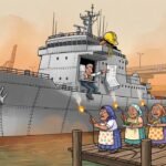 Editorial cartoon: Crewless AI Ships at Port Alpha Still Require 10,000 Abuelas for Lunch Shift