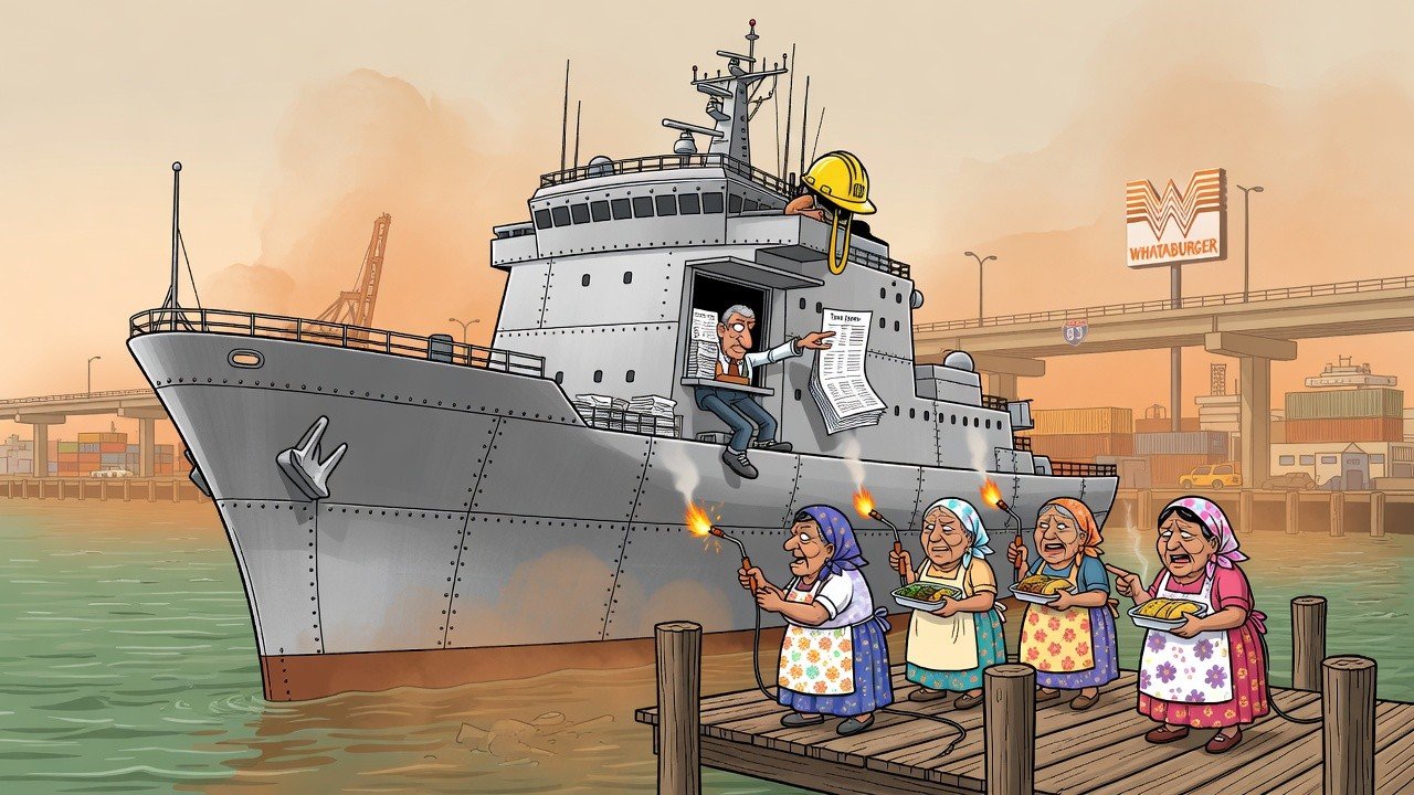 Editorial cartoon: Crewless AI Ships at Port Alpha Still Require 10,000 Abuelas for Lunch Shift