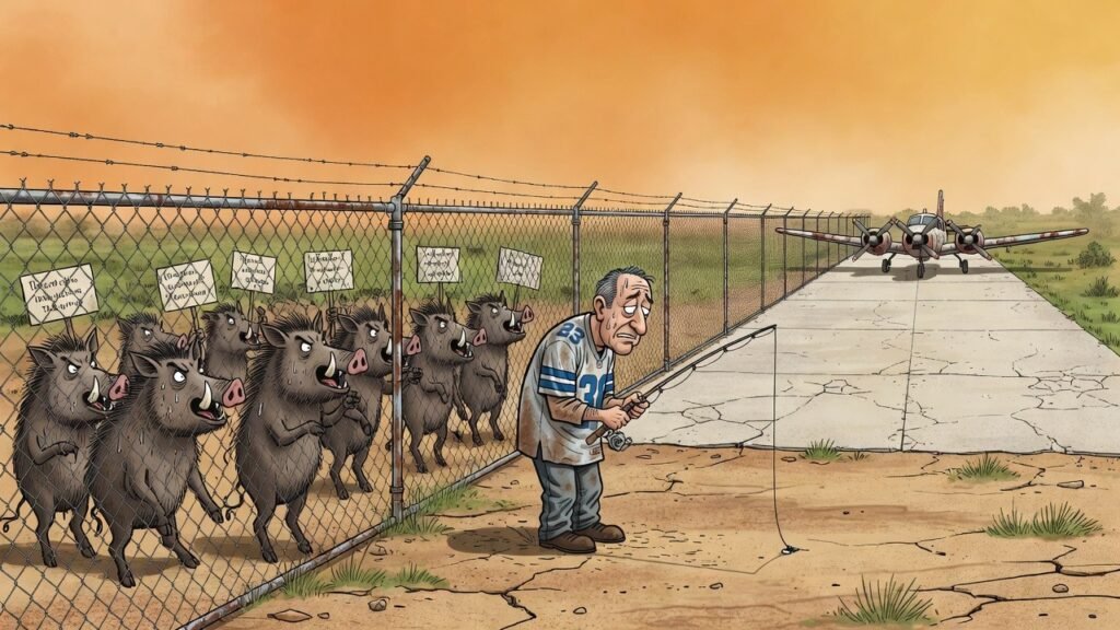 Editorial cartoon: Edinburg Airport's $2M Pig-Proof Fence Accidentally Foils Three Javelinas, a Coyote, and One Very Determined Guy Named Roel