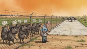 Editorial cartoon: Edinburg Airport's $2M Pig-Proof Fence Accidentally Foils Three Javelinas, a Coyote, and One Very Determined Guy Named Roel