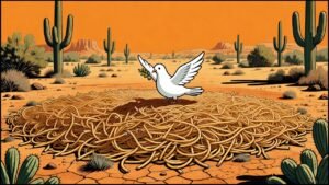Editorial cartoon of Edinburg courthouse lawn made of dry fideo noodles