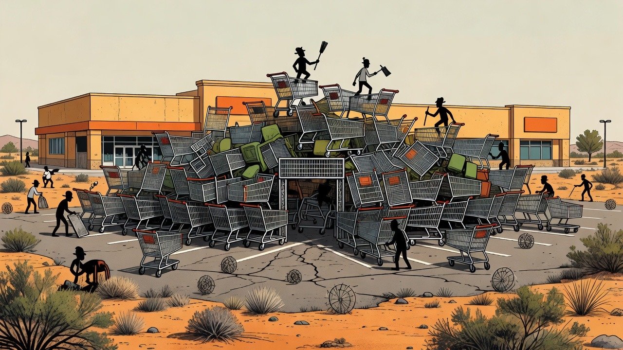 Editorial cartoon of a chaotic McAllen grocery parking lot as a tiny cartoon nation