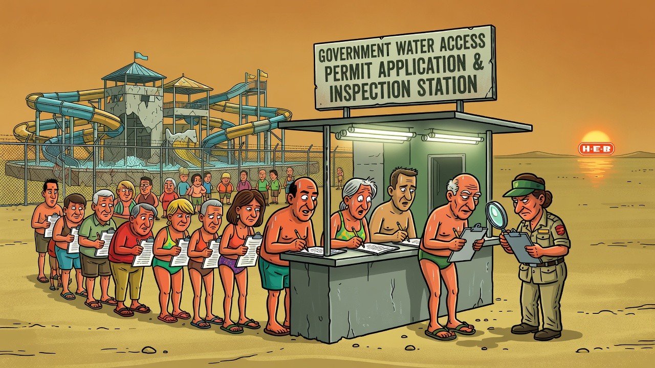 Editorial cartoon: McAllen's $230M Boeye Water Park Will Feature Lazy River, Luxury Cabanas, And Four Separate City Council Votes Before You Can Touch The Water