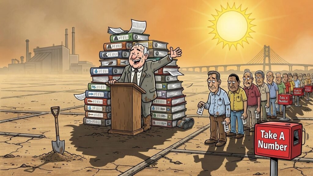 Editorial cartoon: McAllen Industrial Park Must Survive 47 Separate Council Votes, Three Blood Oaths Before First Shovel Touches Dirt