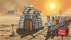 Editorial cartoon: McAllen Industrial Park Must Survive 47 Separate Council Votes, Three Blood Oaths Before First Shovel Touches Dirt