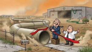 Editorial cartoon: McAllen Officials Reveal $40 Million Industrial Park Expansion Was Secretly Just One Really Long Pipe