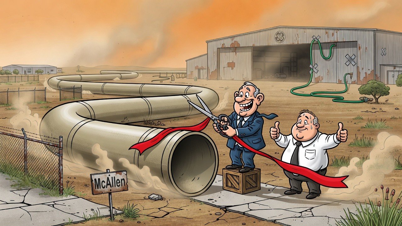 Editorial cartoon: McAllen Officials Reveal $40 Million Industrial Park Expansion Was Secretly Just One Really Long Pipe
