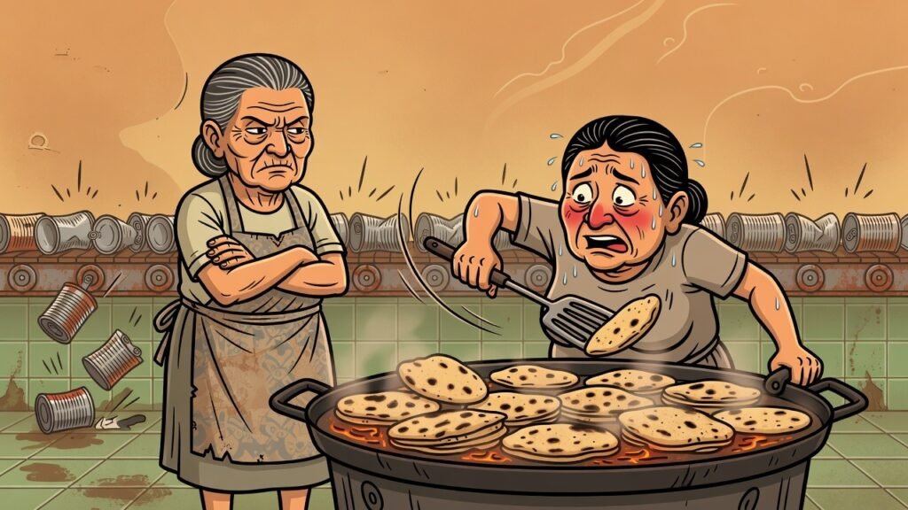Editorial cartoon: McAllen ISD Cafeteria Staff Must Now Defeat a Abuela in Hand-to-Hand Combat Before Touching the Comal