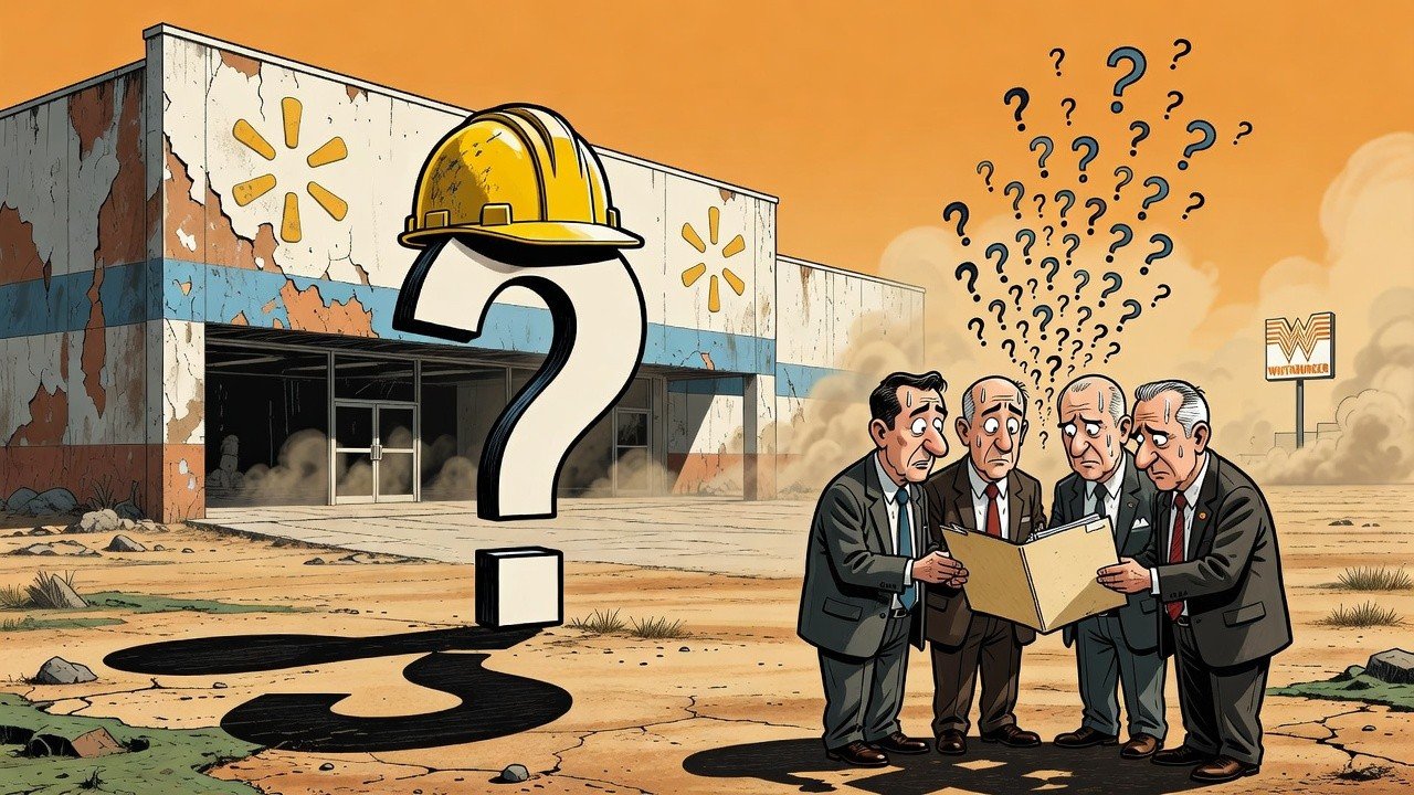 Editorial cartoon: Mystery Company Proposes Data Center, Cold Storage, Empanada Emporium, and Spaceport Inside Old Brownsville Walmart