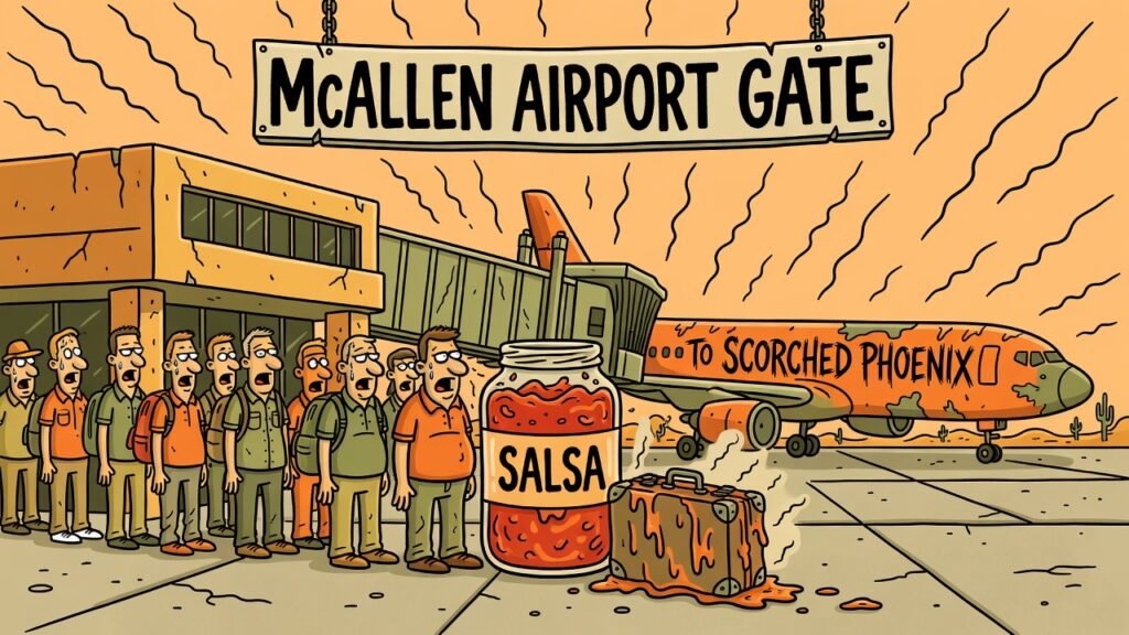 Editorial cartoon of McAllen passengers boarding a comedy flight to scorched Phoenix