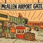 Editorial cartoon of McAllen passengers boarding a comedy flight to scorched Phoenix