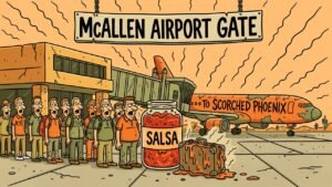 Editorial cartoon of McAllen passengers boarding a comedy flight to scorched Phoenix