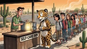 Editorial cartoon: STC Jaguar Self-Care Den Now On Every Campus, Still Rations The Good Conditioner Like It's H-E-B On A Sunday Coupon Day