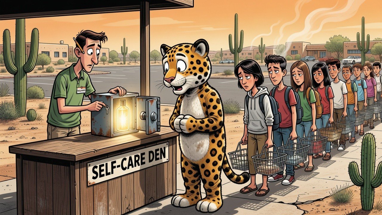 Editorial cartoon: STC Jaguar Self-Care Den Now On Every Campus, Still Rations The Good Conditioner Like It's H-E-B On A Sunday Coupon Day