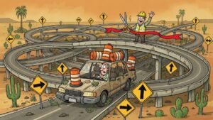 Editorial cartoon: Valley Driver Who Entered Pharr Interchange in 2019 Finally Reaches Harlingen