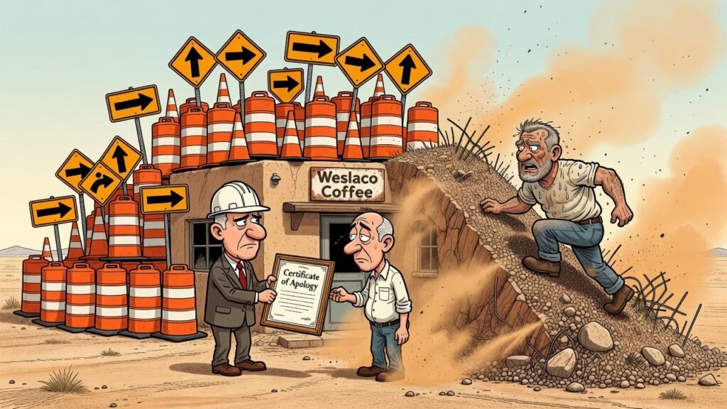 Editorial cartoon: Weslaco Unveils Formal Apology Tour Featuring Commemorative Orange Barrels, Notarized Regret