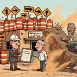 Editorial cartoon: Weslaco Unveils Formal Apology Tour Featuring Commemorative Orange Barrels, Notarized Regret