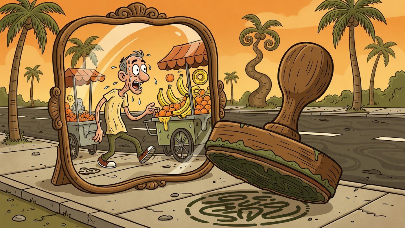 Editorial cartoon funhouse-mirror satire disclaimer art