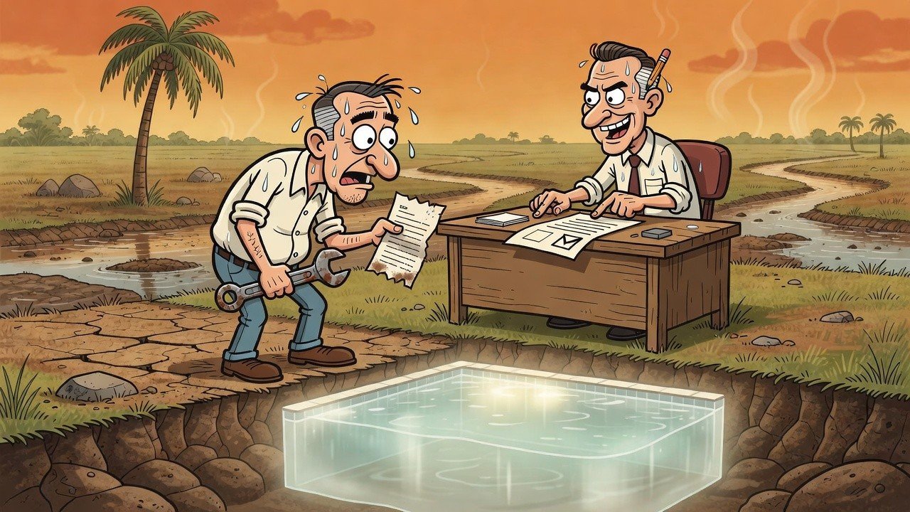Editorial cartoon: BPUB Will Forgive Phantom Pool Bill After You Repair the Leak Nobody Can Find