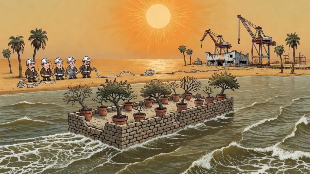 Editorial cartoon: Brownsville Data Center Rules So Airtight Only Legal Site Is a Barge Drifting in the Ship Channel