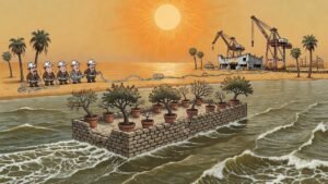 Editorial cartoon: Brownsville Data Center Rules So Airtight Only Legal Site Is a Barge Drifting in the Ship Channel