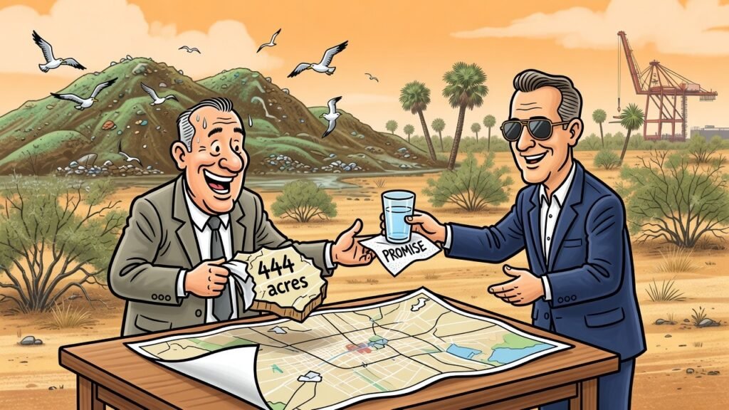 Editorial cartoon: Brownsville Politely Un-Cities 444 Acres Next to Landfill, Receives Voucher for Water That May Exist