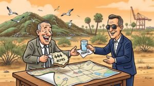 Editorial cartoon: Brownsville Politely Un-Cities 444 Acres Next to Landfill, Receives Voucher for Water That May Exist