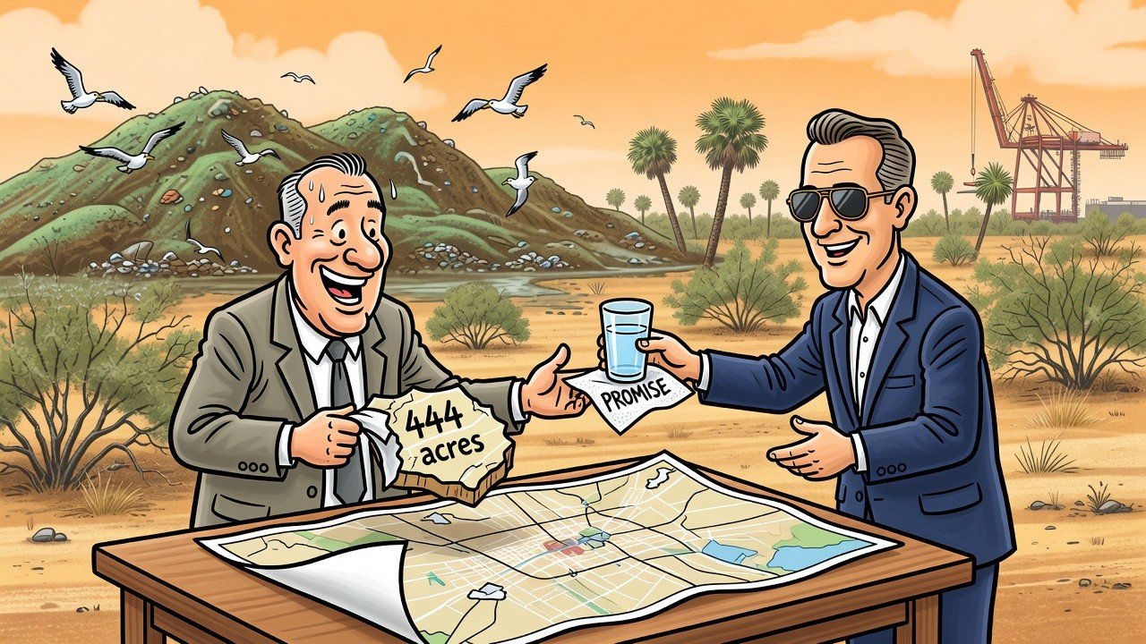 Editorial cartoon: Brownsville Politely Un-Cities 444 Acres Next to Landfill, Receives Voucher for Water That May Exist