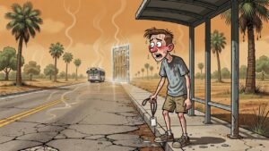 Editorial cartoon: Brownsville Solves the Fare, Leaves Finding the Bus and Keeping the ID as Homework