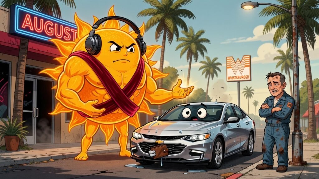 Editorial cartoon: Edinburg Mechanic Confirms Valley Heat Now Charging Cars a Cover Fee Just to Survive August