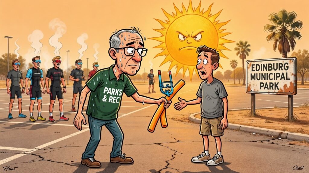 Editorial cartoon: Edinburg Triathlon Welcomes Casual Walkers, Confiscates Snorkels at 7:30 a.m. in August
