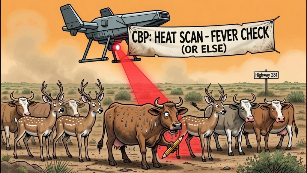 Editorial cartoon: Federal AI Drones Now Administer Pop-Quiz Temperature Checks to Valley Cattle; One Nervous Steer Already Caught Sweating
