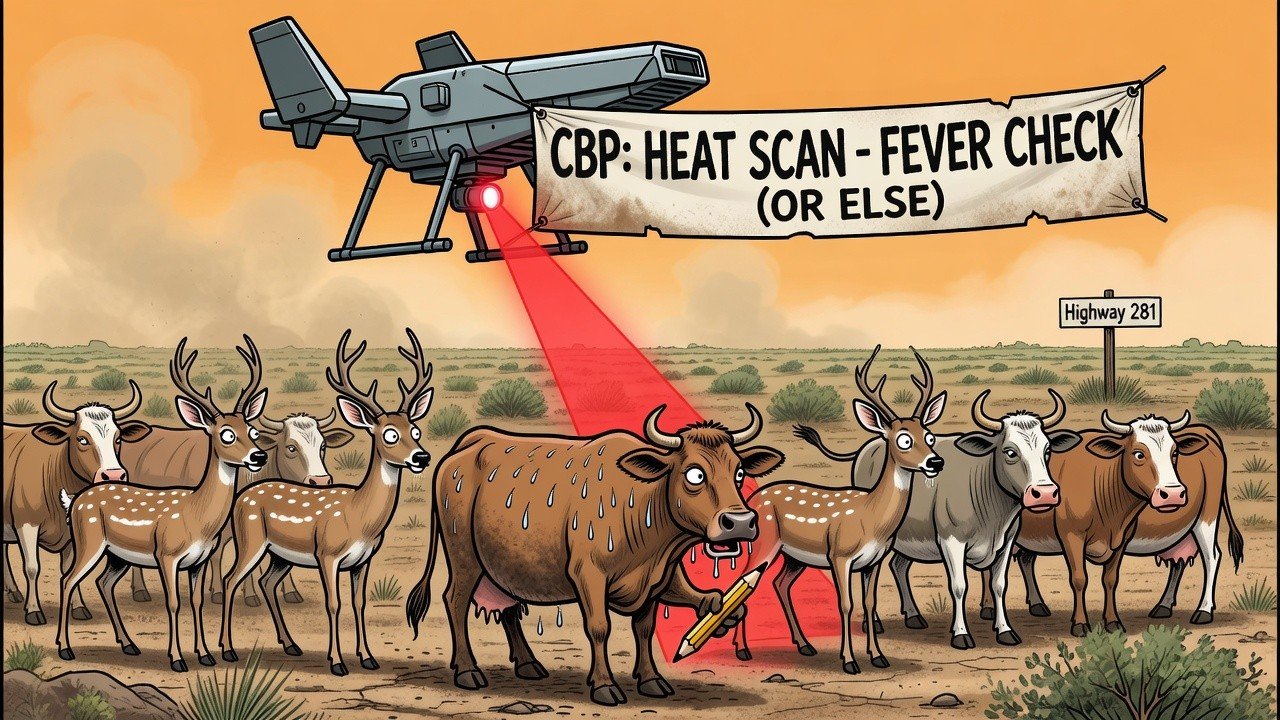 Editorial cartoon: Federal AI Drones Now Administer Pop-Quiz Temperature Checks to Valley Cattle; One Nervous Steer Already Caught Sweating