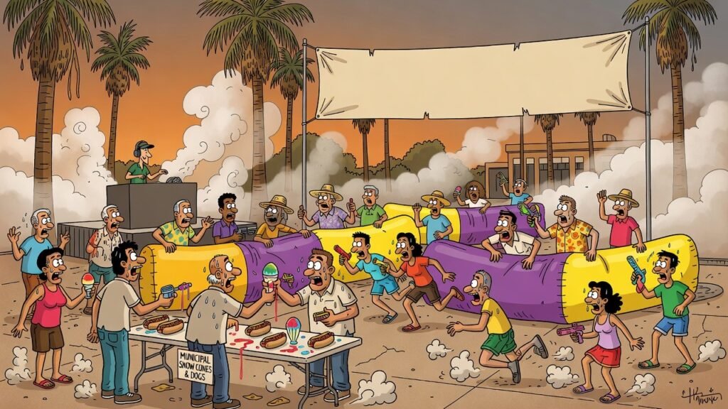 Editorial cartoon: Harlingen Proves All-America Status With Free Hot Dogs, Snow Cones, and Mandatory Laser Tag at Lozano Plaza